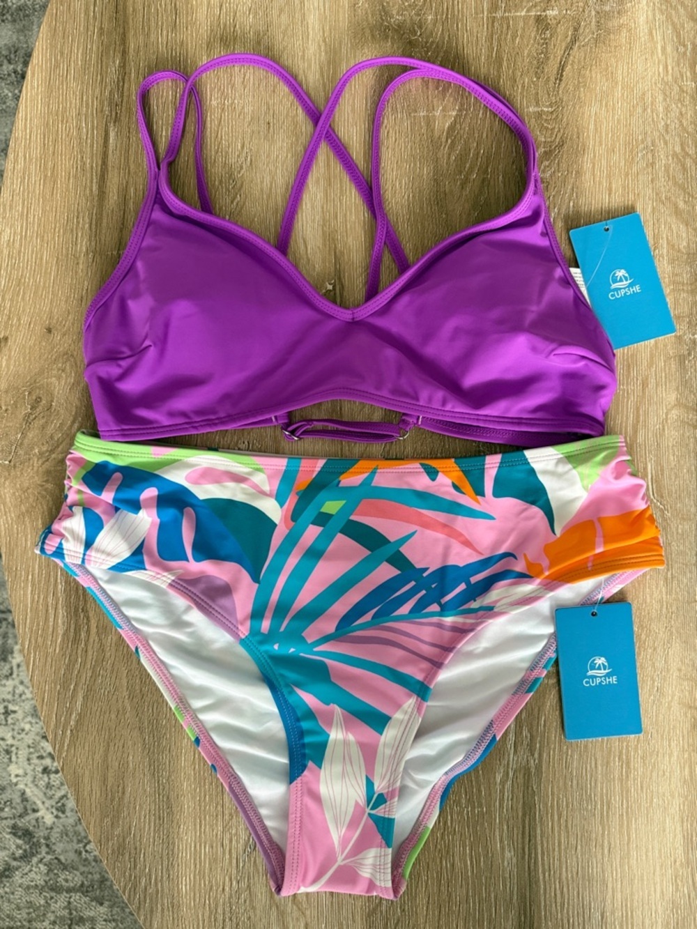 Cupshe Purple Strappy Bikini Top with Multicolor Tropical High-Waist Bottoms
